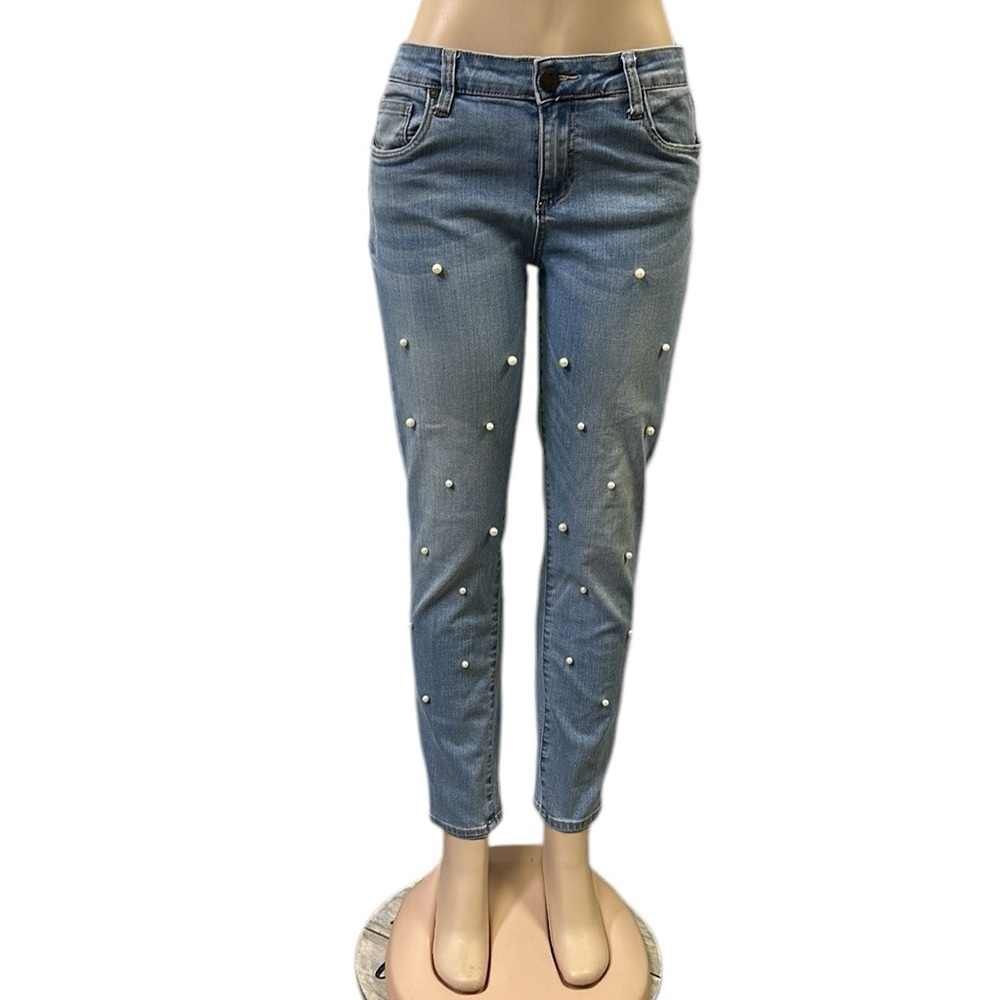 Kut from the Kloth Light Blue Pearl-Embellished Cropped Jeans